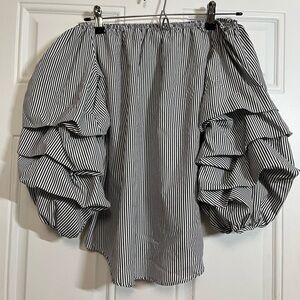 Kontrol Contemporary blouse black white pinstripes ruffle puff sleeves small